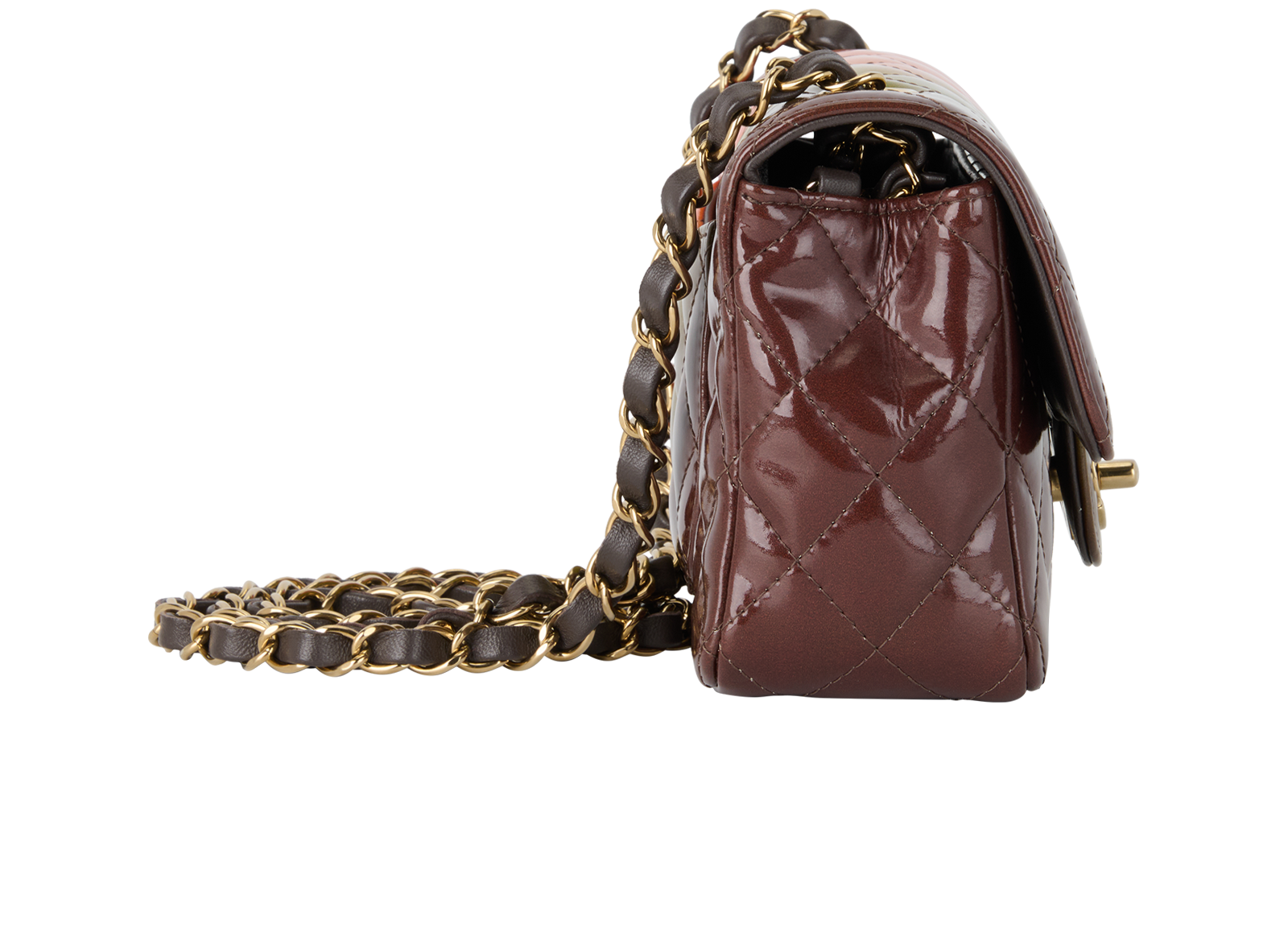 Mini Sunset Flap Bag, &pound;2,950, Handbags, Brown/Green/Orange, Patent Leather, Side view